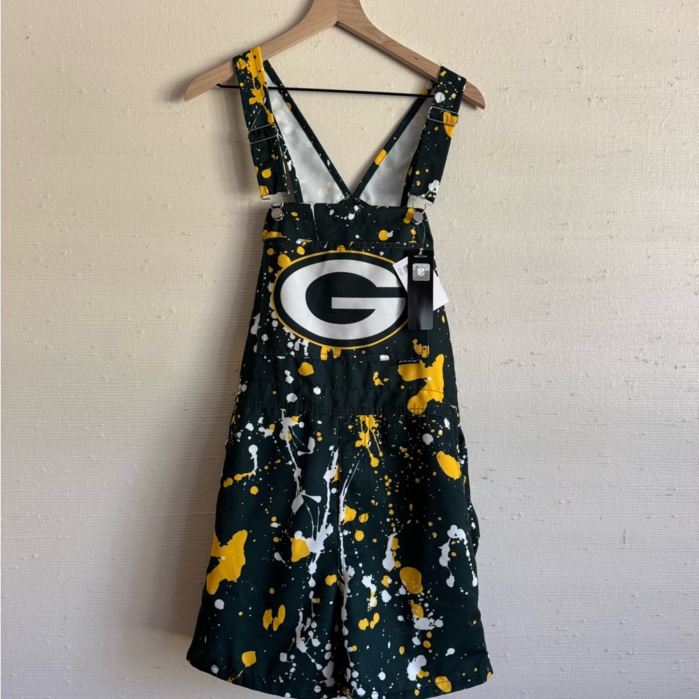 NWT FOCO Green Bay Packers Men's Paint Splatter Bib Shortalls